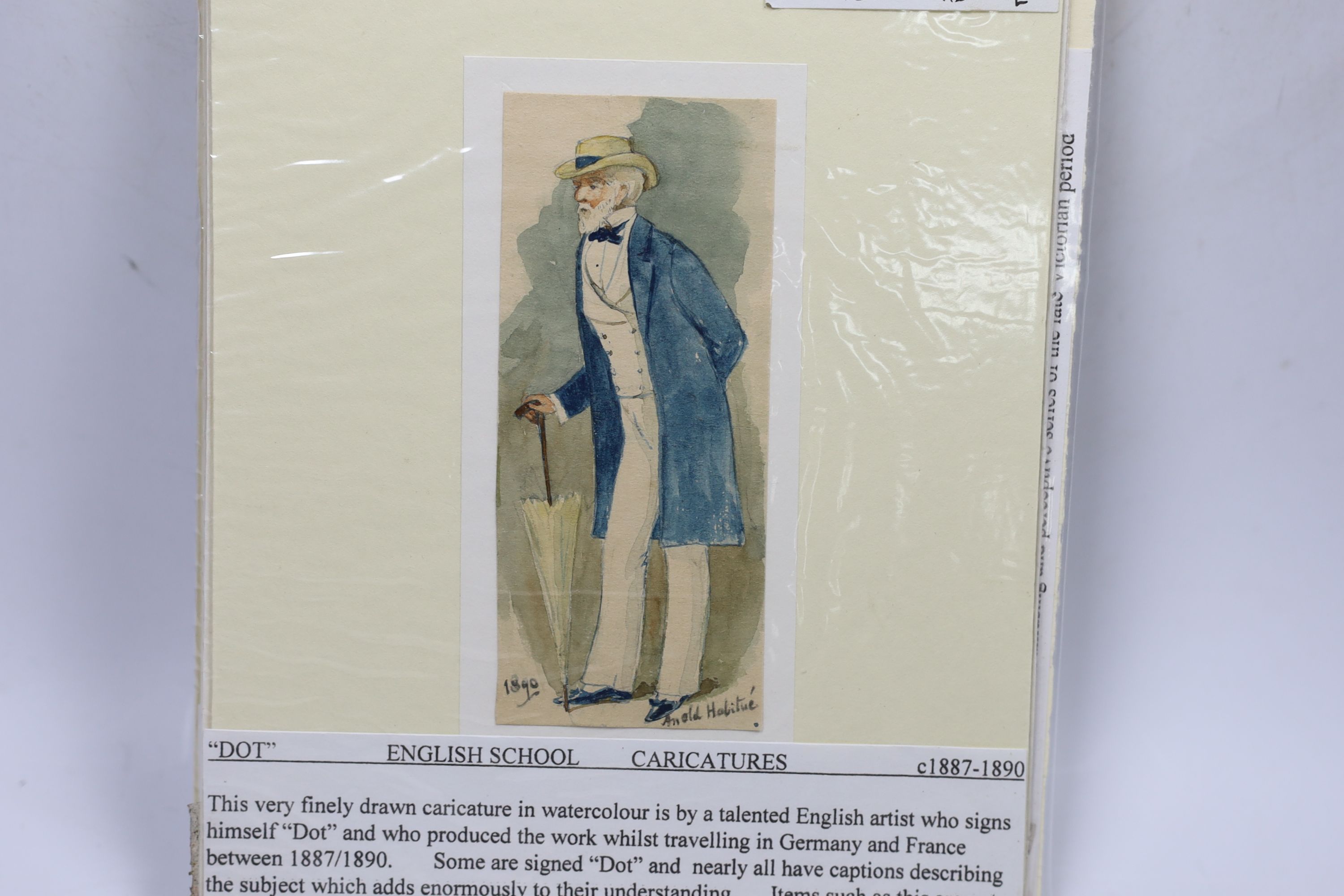 Seven 19th century English School watercolour ‘Dot’ caricatures, including ‘Taking the Aim’ and ‘German Soldier’, some dated and inscribed, each 11.5 x 6cm, unframed